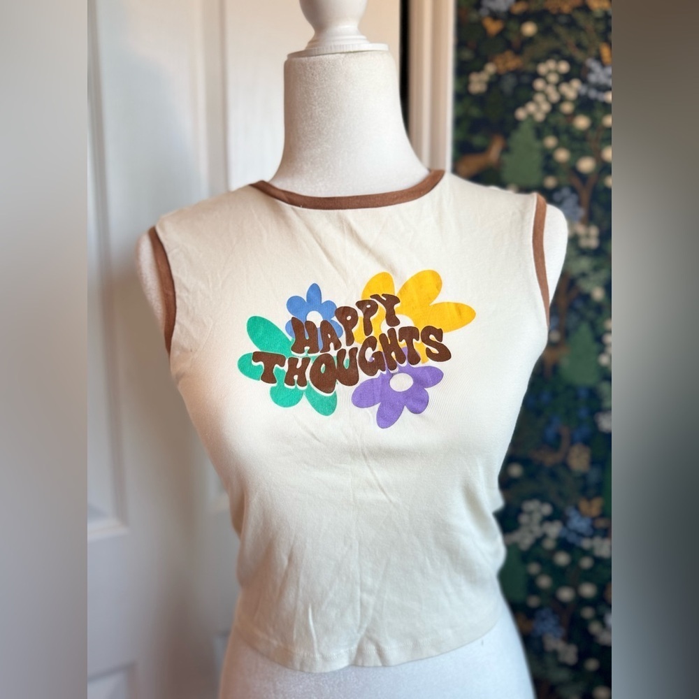 Topshop White Tank Top with Brown Trim and Colorful Print​